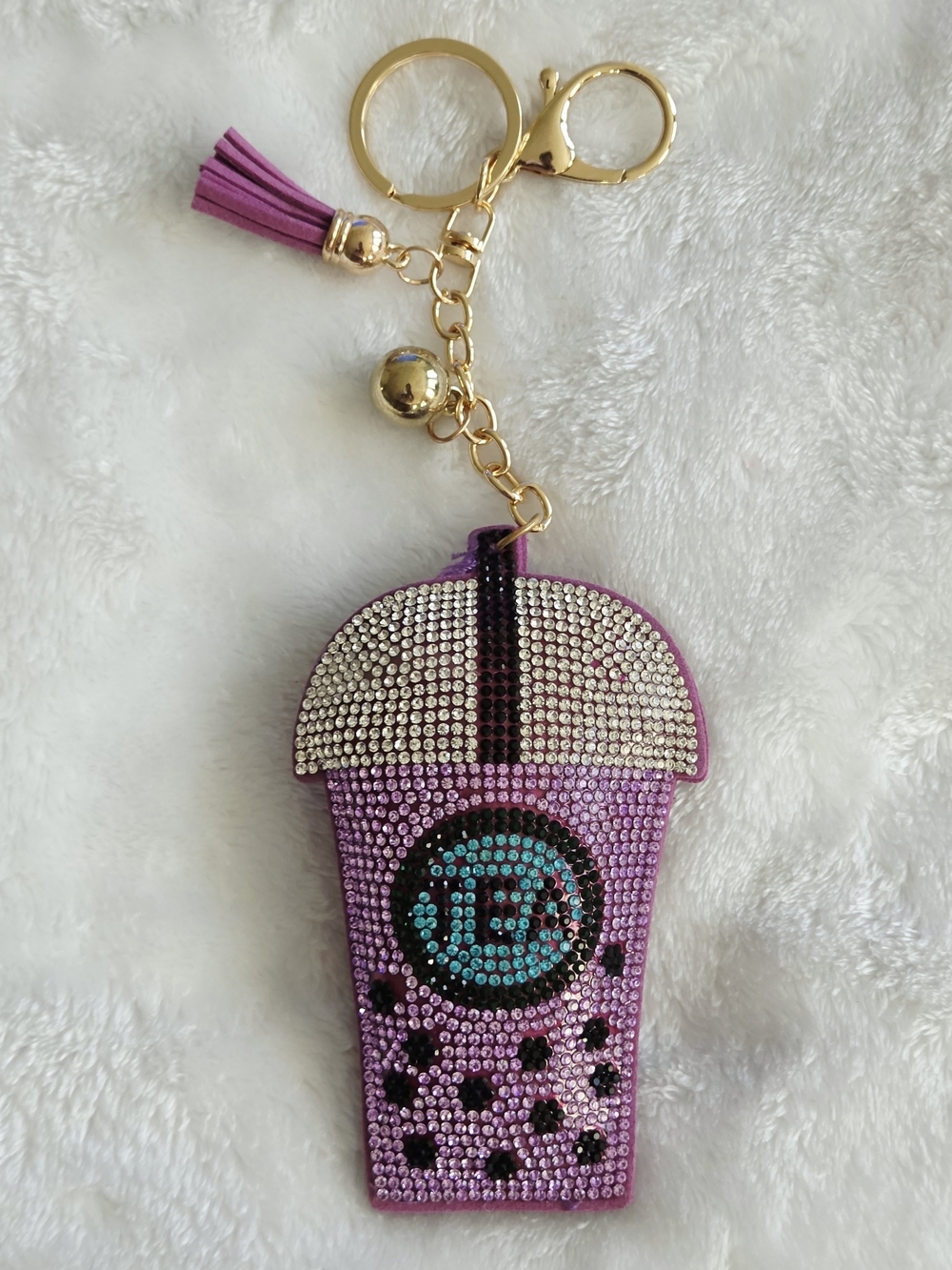Rhinestone Purple Bubble Tea Keychain Bag Charm